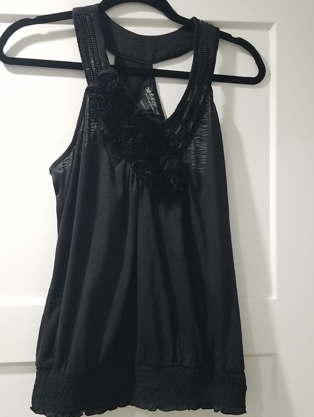 Self Esteem Black Floral-Rosette Sleeveless Tank Top